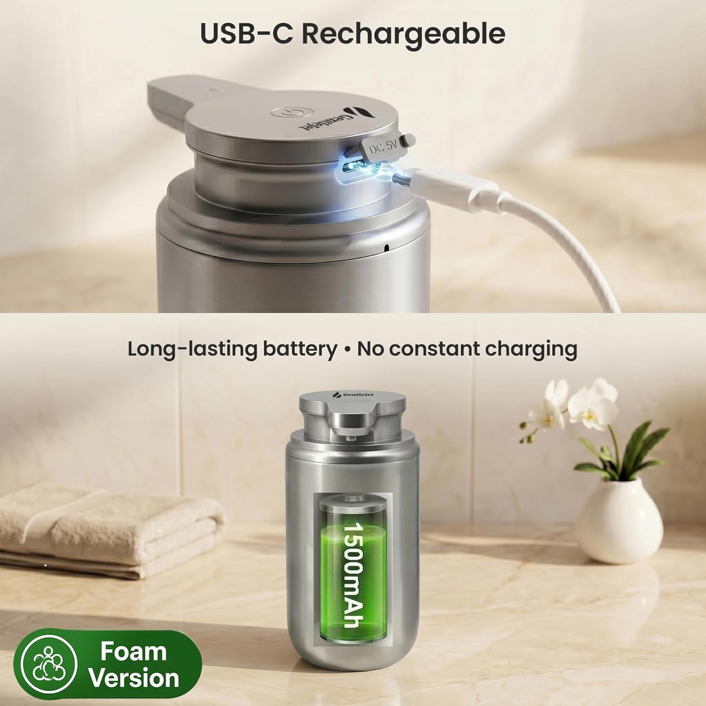 GentleJet WaveJet Automatic Foaming Soap Dispenser – Touchless Sensor, USB-C Rechargeable, 304 Stainless Steel, IPX5 Waterproof for Bathroom Kitchen Sink, 12 oz / 350 ml