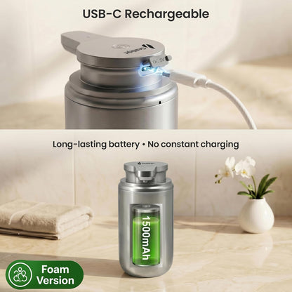 GentleJet WaveJet Automatic Foaming Soap Dispenser – Touchless Sensor, USB-C Rechargeable, 304 Stainless Steel, IPX5 Waterproof for Bathroom Kitchen Sink, 12 oz / 350 ml