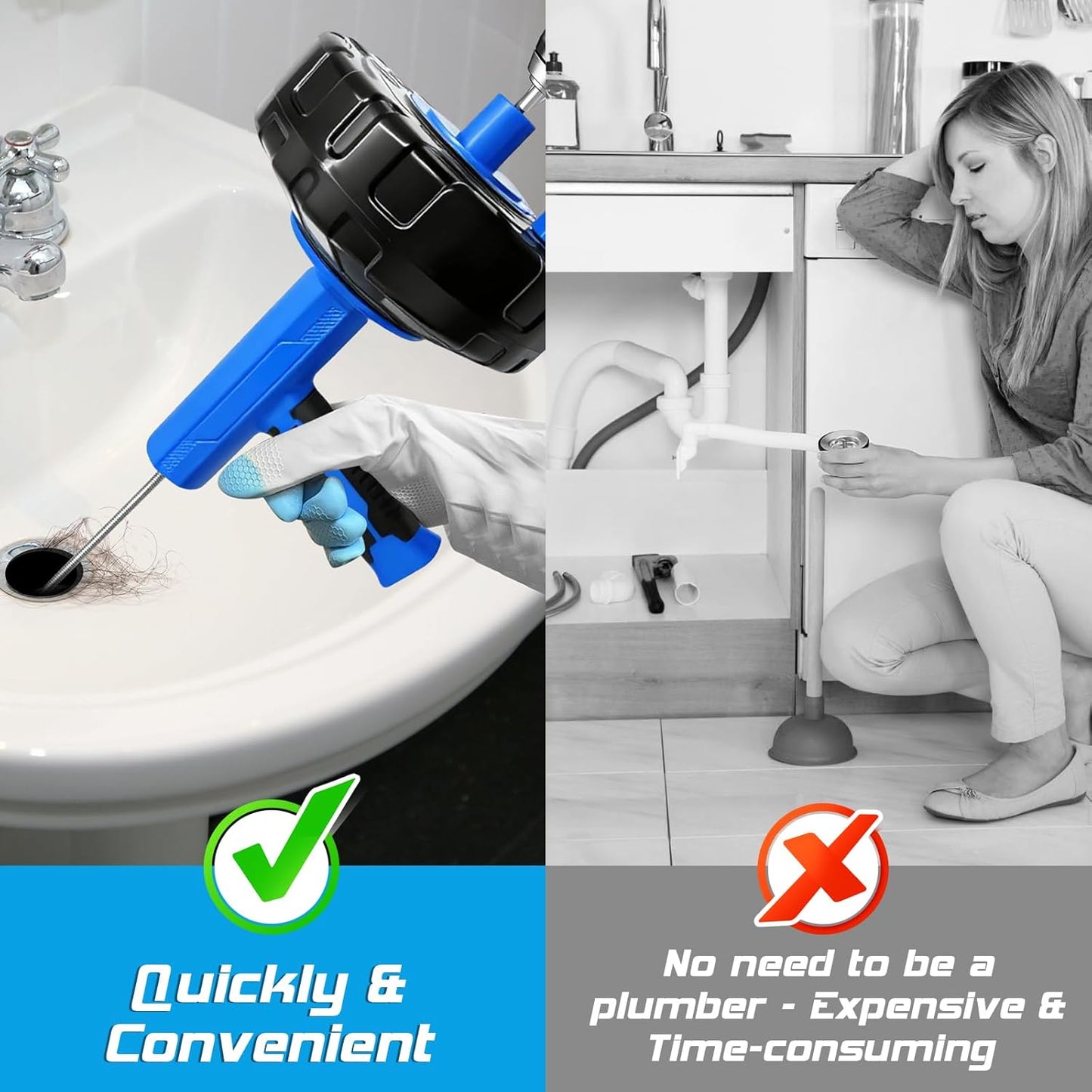 25FT Drain Snake, Auto Feed Retract Flexible Drain Auger for Drain Clogged, Manual or Drill Powered Plumbing Snake Hair Clog Remover for BathTub Sink Shower (Blue)