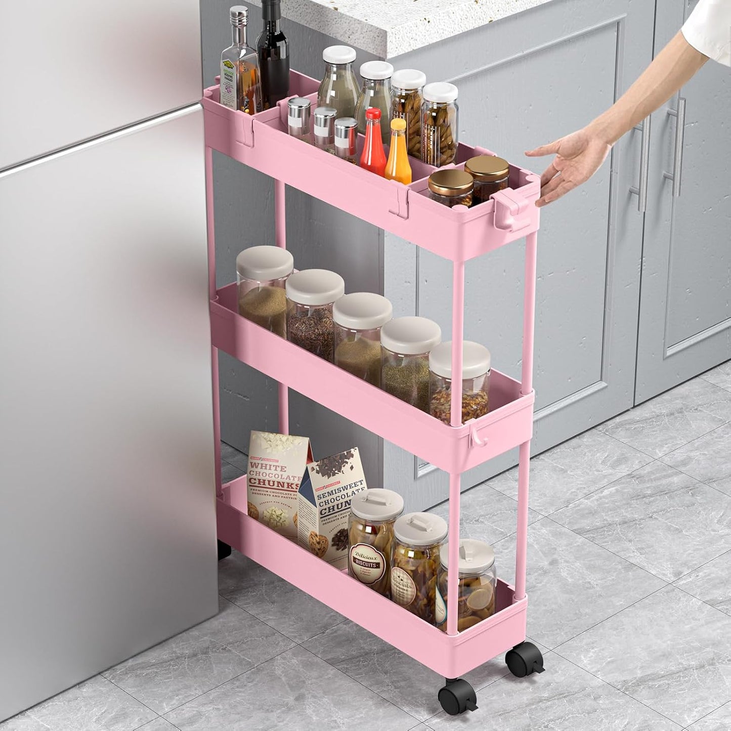 SPACELEAD Slim Storage Cart 3 Tier,Bathroom Organizer Rolling Utility,Mobile Shelving Unit Slide Out for Office, Kitchen, Laundry Room & Narrow Places，Green