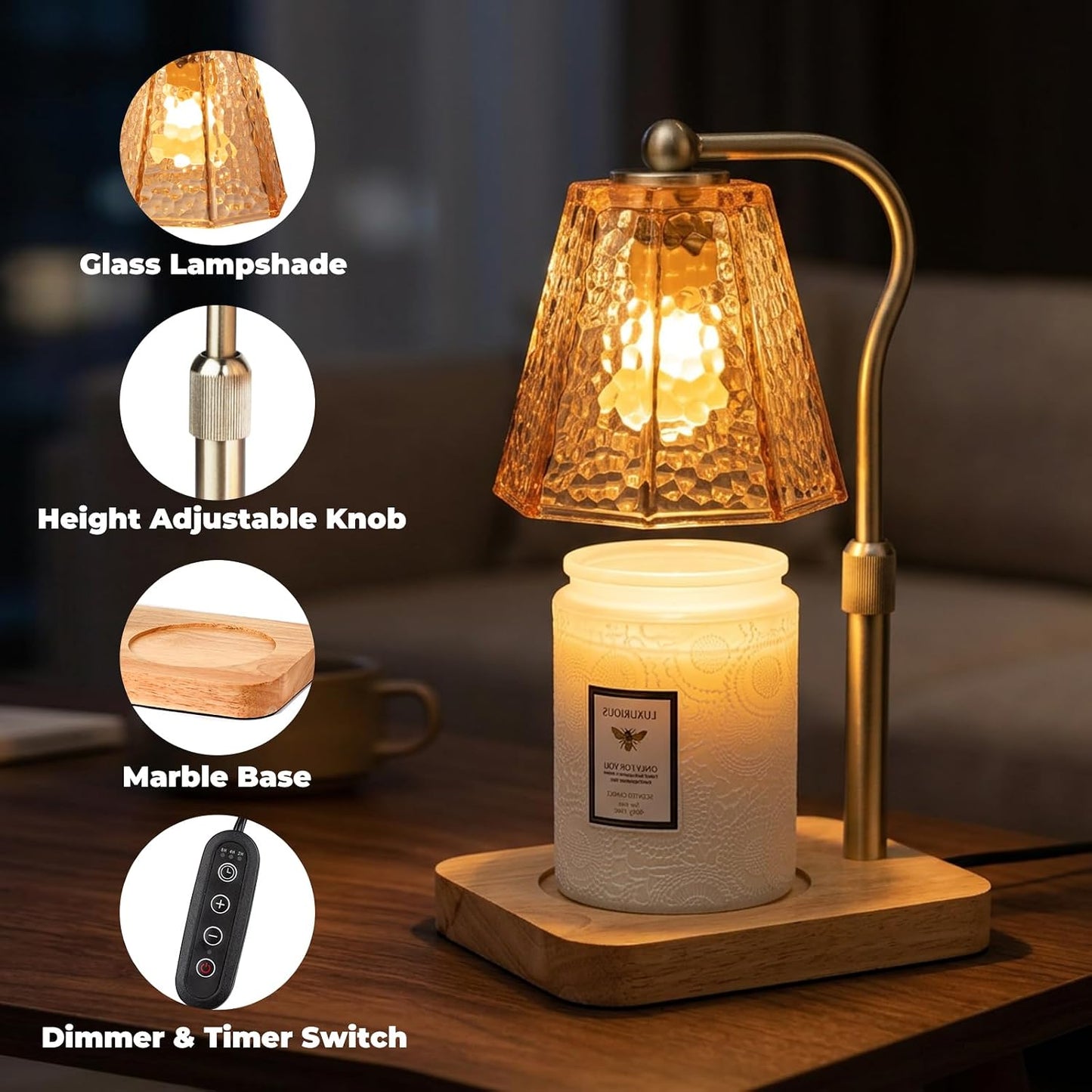 LALISU Candle Warmer Lamp, Stepless Dimming Candle Warmer Lamp with Timer & Dimmer Height Adjustable Compatible with Jars Scented Wax for Home Decor (Metal Base-Black)