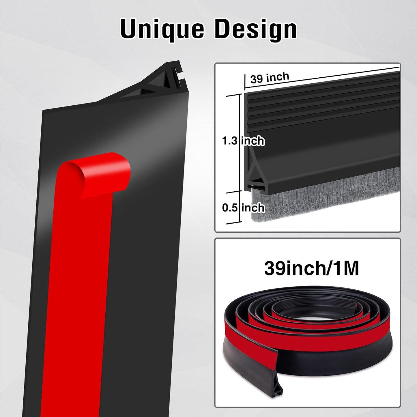 Door Draft Stopper with Brush,Under Door Draft Stoppers,Self Adhesive Draft Stopper for Bottom of Door,Silicone Weather Stripping,Door Sweep for Bottom of Door (Black, 39 Inch*1pack)
