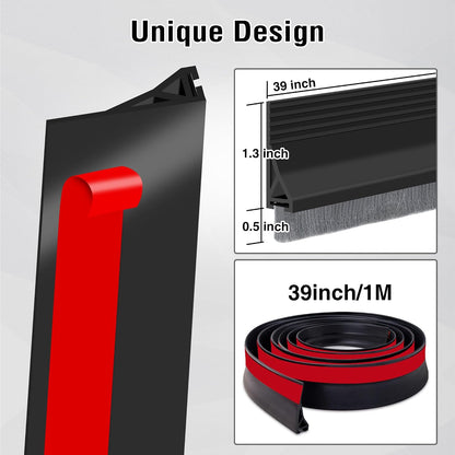 Door Draft Stopper with Brush,Under Door Draft Stoppers,Self Adhesive Draft Stopper for Bottom of Door,Silicone Weather Stripping,Door Sweep for Bottom of Door (Black, 39 Inch*1pack)