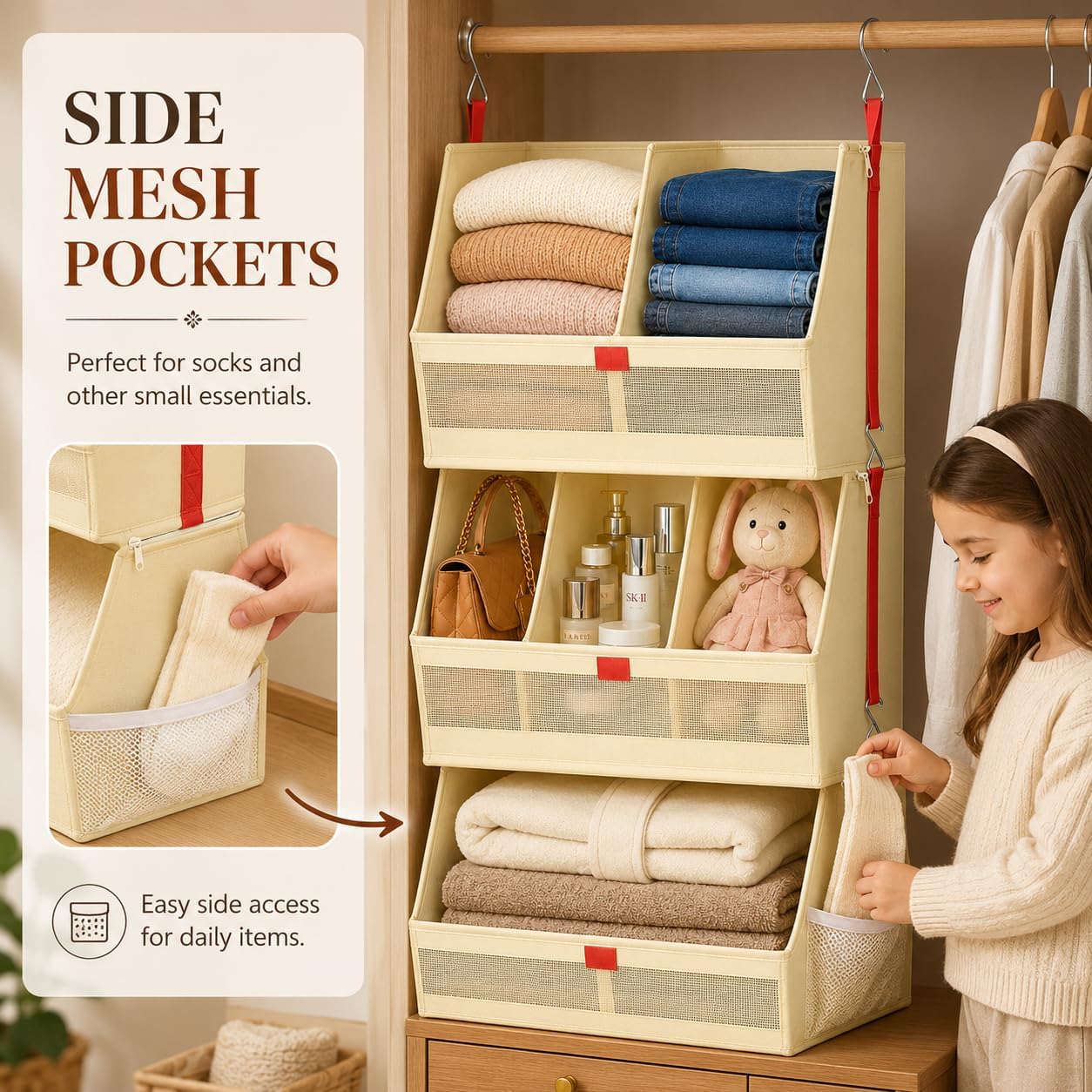 Fabric 4 Tier Hanging Closet Organizers Heavy Duty Shelf Hanging Storage Towel Clothes Sweater Jeans Bag Organizer For Closet For Bedroom,Dorm,RV,See Through Front Panel, Space-Saving (Beige-4Tier)