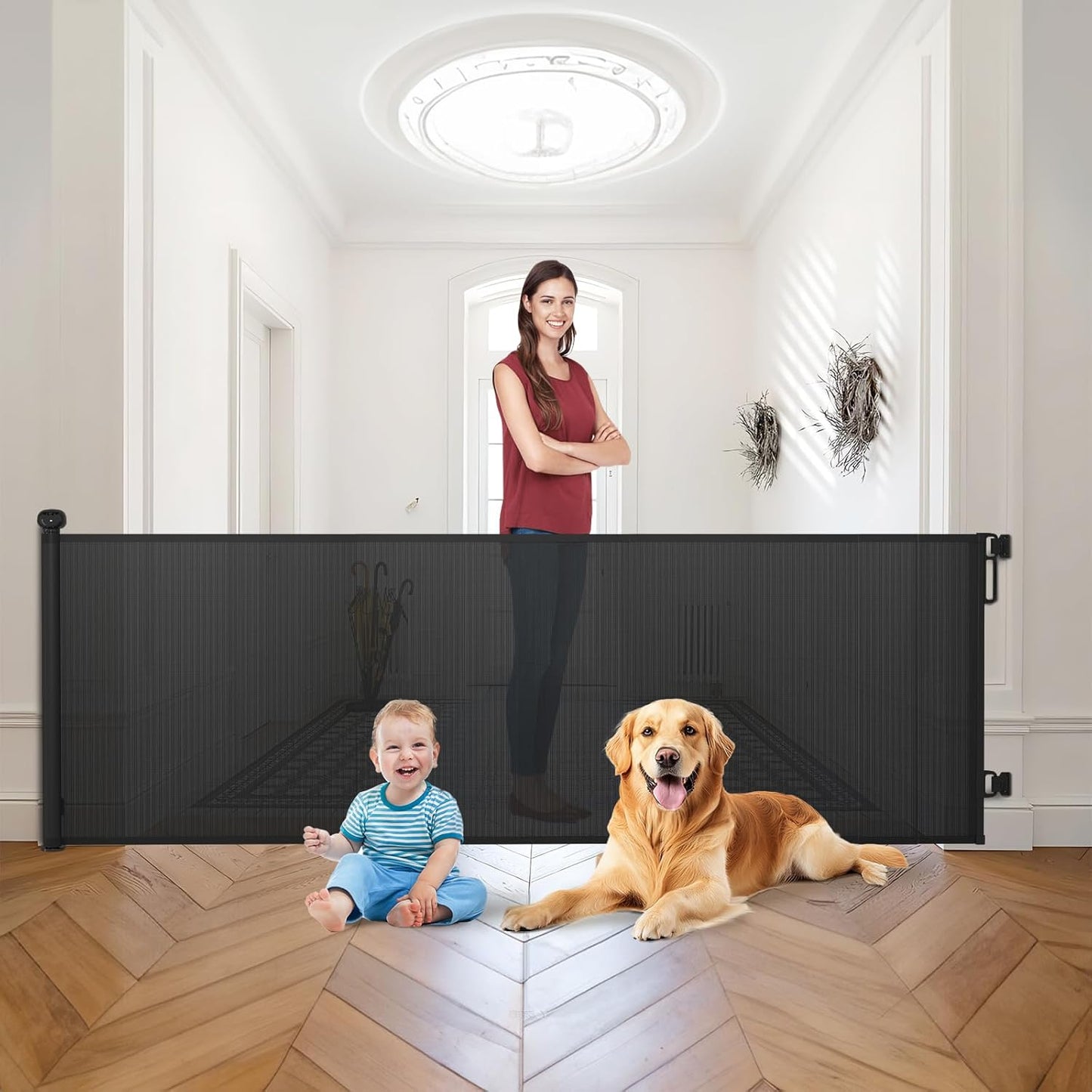Babepai Retractable Baby Gates Extra Wide | 55" Wide x 34" Tall Dog Gates for Stairs | Indoor/Outdoor Use | Child Gates for Doorways, Deck, Porch, Hallways, Patio - Gray
