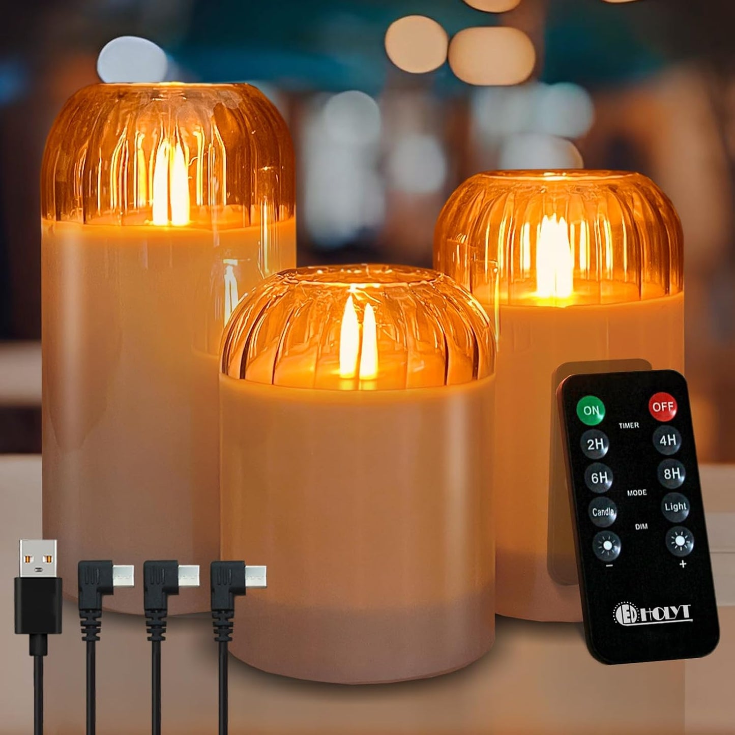 LEDHOLYT Rechargeable Flameless Glass Pillar Candles–Gifts for Women,–Set of 3, Realistic Flickering LED Light,Remote & Timer, Ideal for Living Room, Bedroom & Festival Wedding Home Party Decor