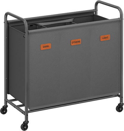 SONGMICS 3-Section Laundry Sorter, Laundry Hamper with Wheels, Rolling Clothes Hamper Cart with Large Capacity and Removable Bags, for Laundry Room, Bedroom, Bathroom, Ink Black URLS330B01