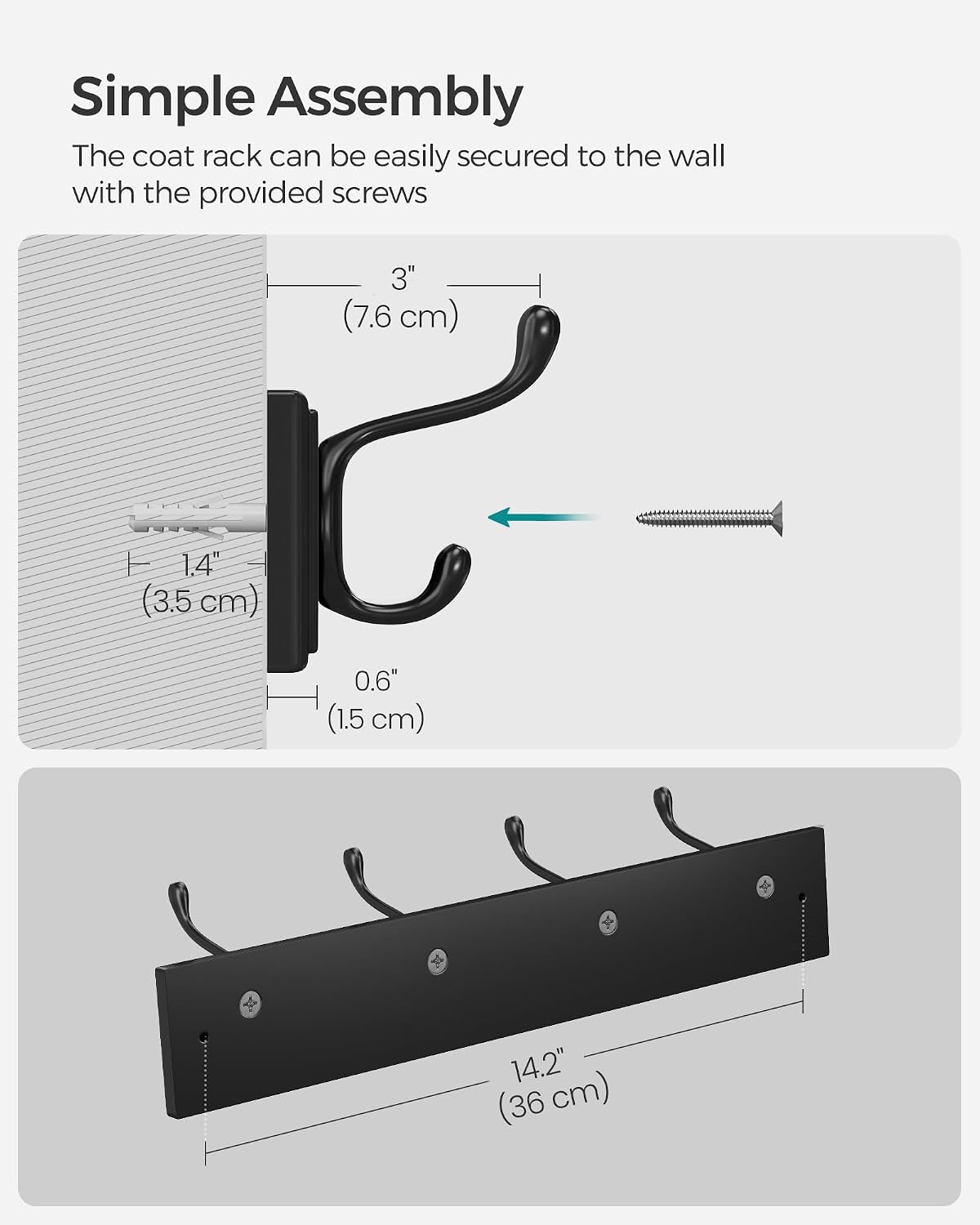 SONGMICS Wall-Mounted Coat Rack, Hook Rack, 4 Dual Metal Hooks, White | For Coats, Bags, Keys, in the Entryway, Bedroom, Living Room ULHR23WT