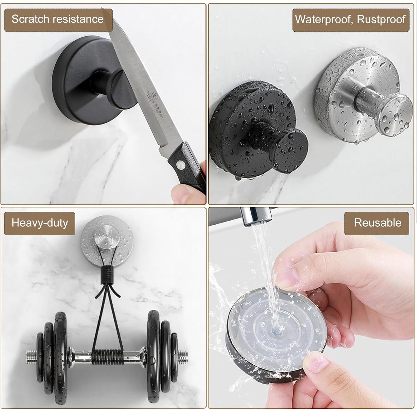 ZESLMG Adhesive Hooks for Shower, Black Self Sticky Hooks for Glass Window Kitchen Wall, Removable Bath Robe Loofah Door Wreath Coat Towel Hook No Damage for Hanging, 2 Pack