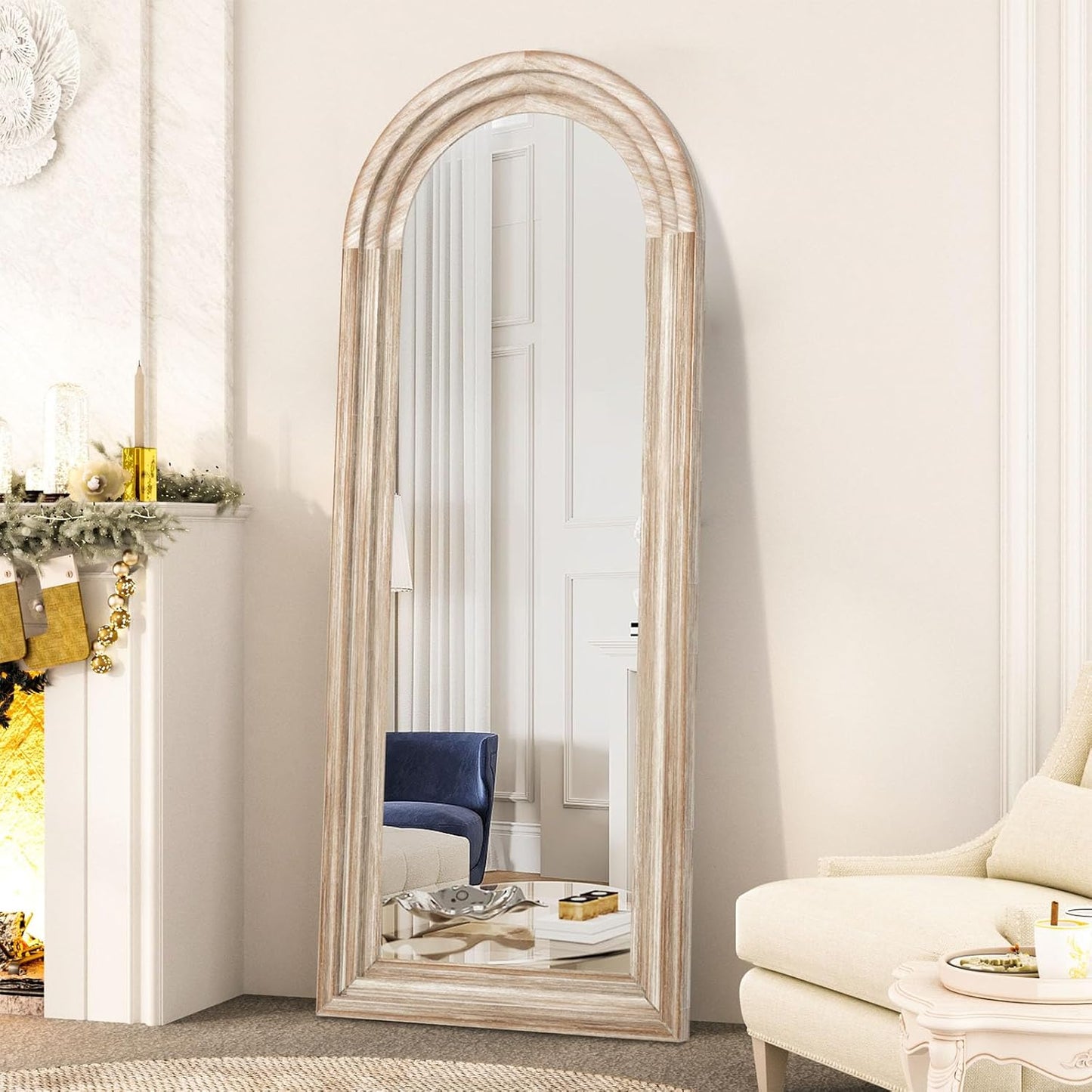 71x32 Inch Arched Full Length Mirror with Solid Wood Frame Wall Mounted Floor Mirror, Vertical Hanging Leaning Standing Mirror for Living Room, Bedroom, Entryway, Brown
