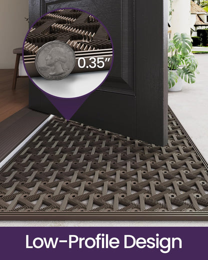 DEXI Front Door Mat Outside Entrance Rubber 19x30, Welcome Floor Doormat Heavy Duty Non Slip, Dirt Trapper Waterproof Exterior Entry Mats All Weather for Patio Entryway Drainage, Black