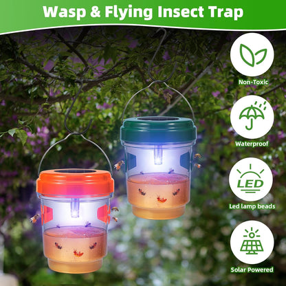 2026 Upgraded Solar Wasp Traps Outdoor Hanging with LED Light - Reusable Yellow Jacket Hornet Traps Carpenter Bee Catcher for Garden Orchard Bug Deterrent, 4 Pack