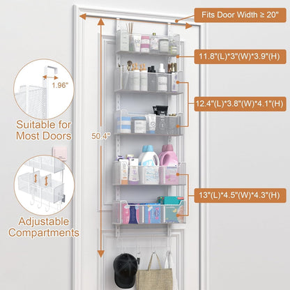 VyGrow Over The Door Organizer, Metal Door Organizer Hanging with 5 Adjustable Baskets and Coat Hook, Behind The Door Storage for Bedroom Closet Bathroom Pantry Cabinet Kitchen, Black