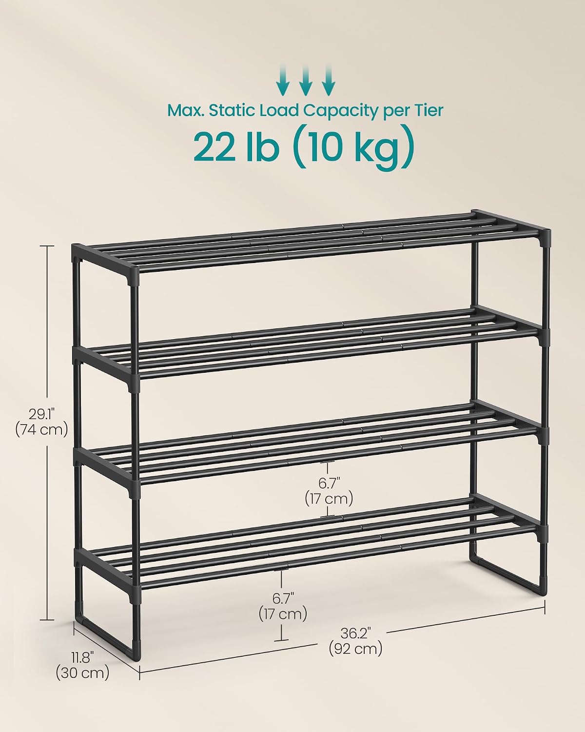 SONGMICS Shoe Rack, 6-Tier Shoe Organizer, Metal Storage Shelf, Upright or Upside Down, for 24-30 Pairs, Stackable, for Entryway, 11.8 x 36.2 x 42.7 Inches, Black ULSA306BH01