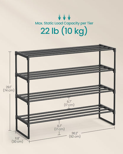 SONGMICS Shoe Rack, 6-Tier Shoe Organizer, Metal Storage Shelf, Upright or Upside Down, for 24-30 Pairs, Stackable, for Entryway, 11.8 x 36.2 x 42.7 Inches, Black ULSA306BH01