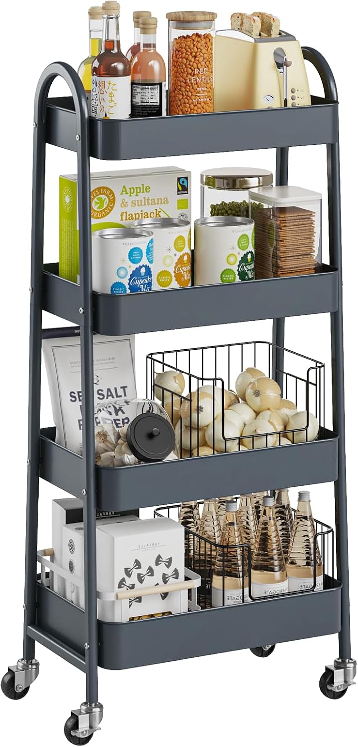 DUMOS 3 Tiers Rolling Cart, Utility Cart, Metal, White | Mobile Storage, Lockable Wheels, Utility Shelving Unit, Kitchen, Bathroom, Laundry, Narrow Places