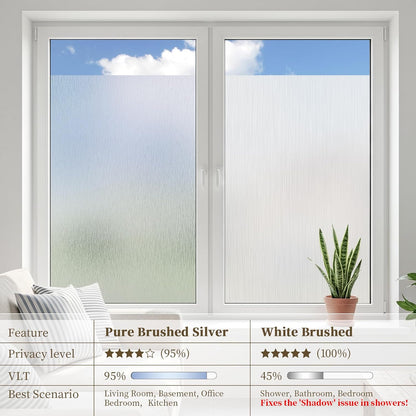 Frosted Window Privacy Film - Brushed Silver Static Cling Glass Film for Bathroom, Day and Night Door Privacy Film Window Cover to Stop Dog Barking, 17.5x78.7 Inch, Pure