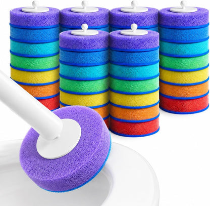 Disposable Toilet Brush and Holder Set - Hands-Free Eject Sponge Toilet Wand with Floor Standing Caddy, Secure-Lock Hangable Toilet Scrubber