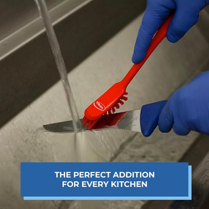 Vikan - Fine Dish Brush - Heavy-Duty, Narrow, Slip-Resistant Cleaning Brush, Polypropylene, Polyester Bristle, 11 Inch, Red, (42874)