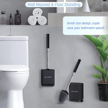 Sellemer Toilet Brush and Holder Set - Flexible Toilet Bowl Brush Head with Silicone Bristles, Compact Size for Storage and Organization, Ventilation Slots Base (1 Pack, Silver)
