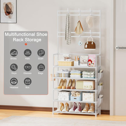 OYREL Shoe Rack 5 Tier Shoe Organizer Storage 15-20 Pairs Shoes Rack for Closet Entrance Shoe Rack Organizer with Hooks and Side Pocket Entryway Shoe Holder Space Saving Free Standing Shoe Racks