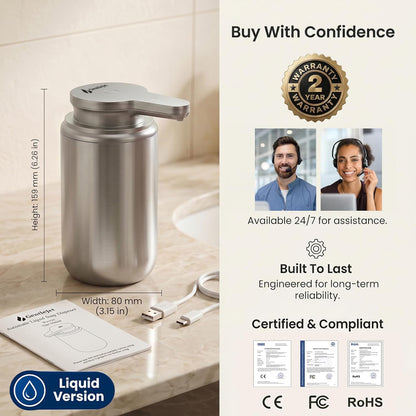GentleJet WaveJet Automatic Foaming Soap Dispenser – Touchless Sensor, USB-C Rechargeable, 304 Stainless Steel, IPX5 Waterproof for Bathroom Kitchen Sink, 12 oz / 350 ml