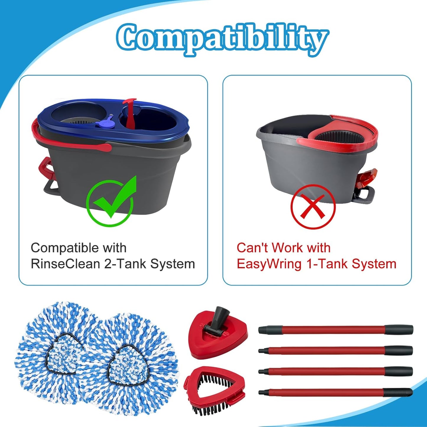 Spin Mop Handle, Mop Heads Replacements,Scrubber Brush and Mop Base Compatible with Ocedar RinseClean 2-Tank System, Mop Handle and Head Replacement Combo Set for Wet Dry Use Floor Cleaning
