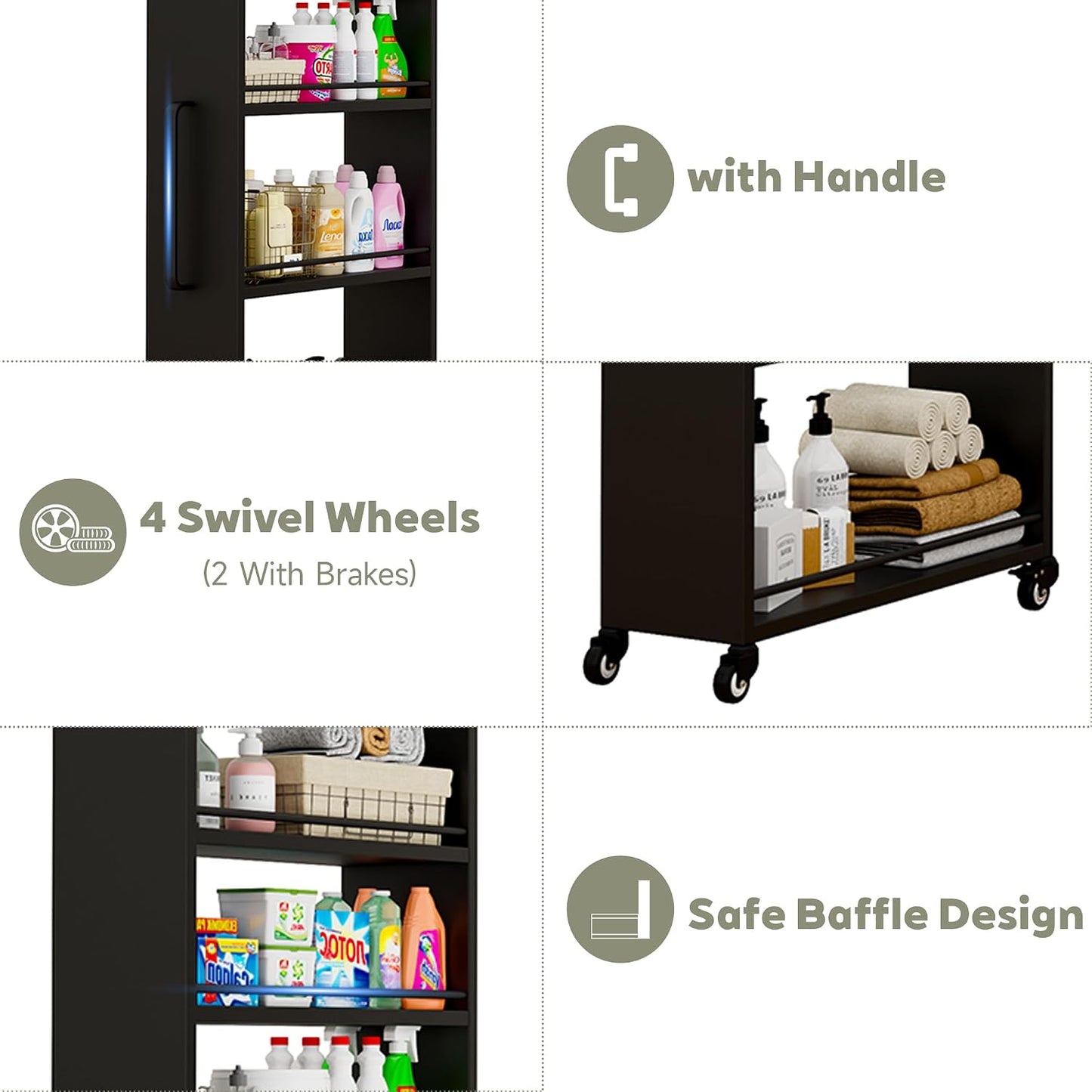 6-Tier Slim Rolling Storage Cart with Wheels, 8-Inch Deep Metal Utility Cart for Kitchen, Bathroom, Laundry, Craft Room – Narrow Design for Easy Organization and Mobility (Black)