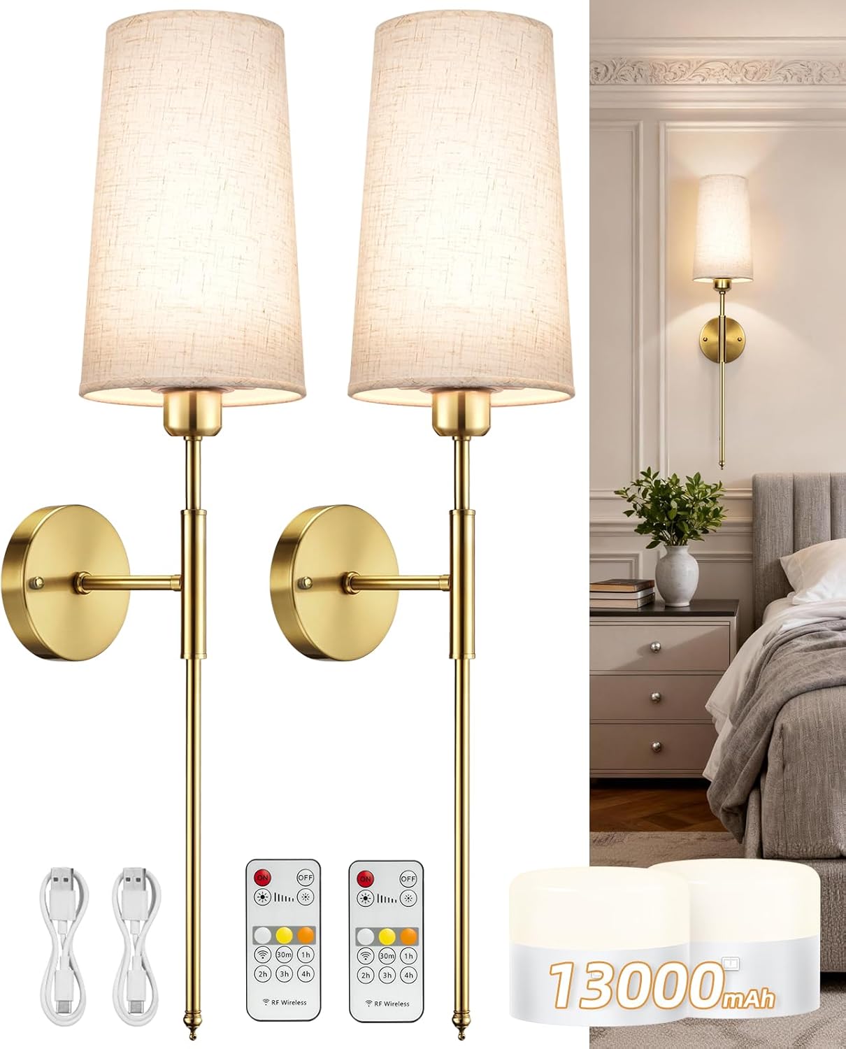 Battery Operated Wall Sconce Set of 2, 13000mAh Rechargeable Battery Powered Sconces with Remote Dimmable Fabric Shade Wireless Sconces Fixture for Bedroom Living Room