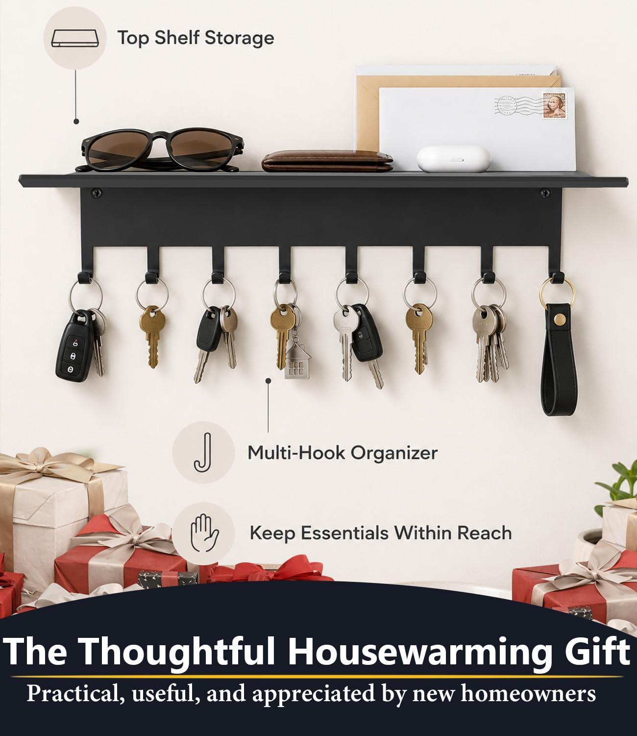 Key Holder Hooks Organizer Hanger Rack Wall Mounted Sweet Home Metal Decor Stylish and Practical for Entryway Front Door Kitchen Hallway Garage Mudroom Office Hardware Included Black