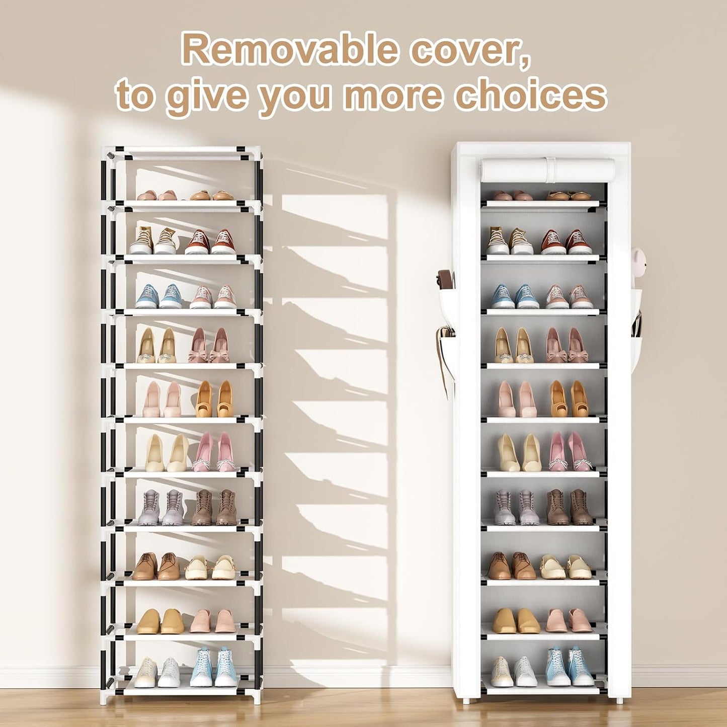 ROJASOP 10 Tier Shoe Rack with Covers,Large Capacity Stackable Tall Shoe Shelf Storage to 50-55 Pairs Shoes and Boots Sturdy Metal Free Standing Shoe Rack Organizer for Closet Entryway Garage