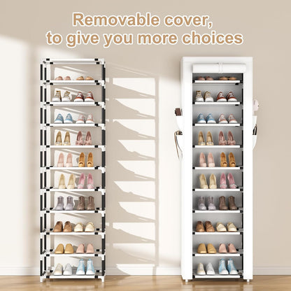 ROJASOP 10 Tier Shoe Rack with Covers,Large Capacity Stackable Tall Shoe Shelf Storage to 50-55 Pairs Shoes and Boots Sturdy Metal Free Standing Shoe Rack Organizer for Closet Entryway Garage