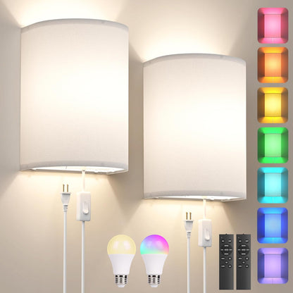 Battery Operated Wall Sconce Set of Two: 10000mAh Wireless Wall Light with Rechargeable Magnetic Bulb - Dimmable Wall Lamp with 7 RGB Colors - Linen Shade Sconces with Remote for Bedroom Living Room