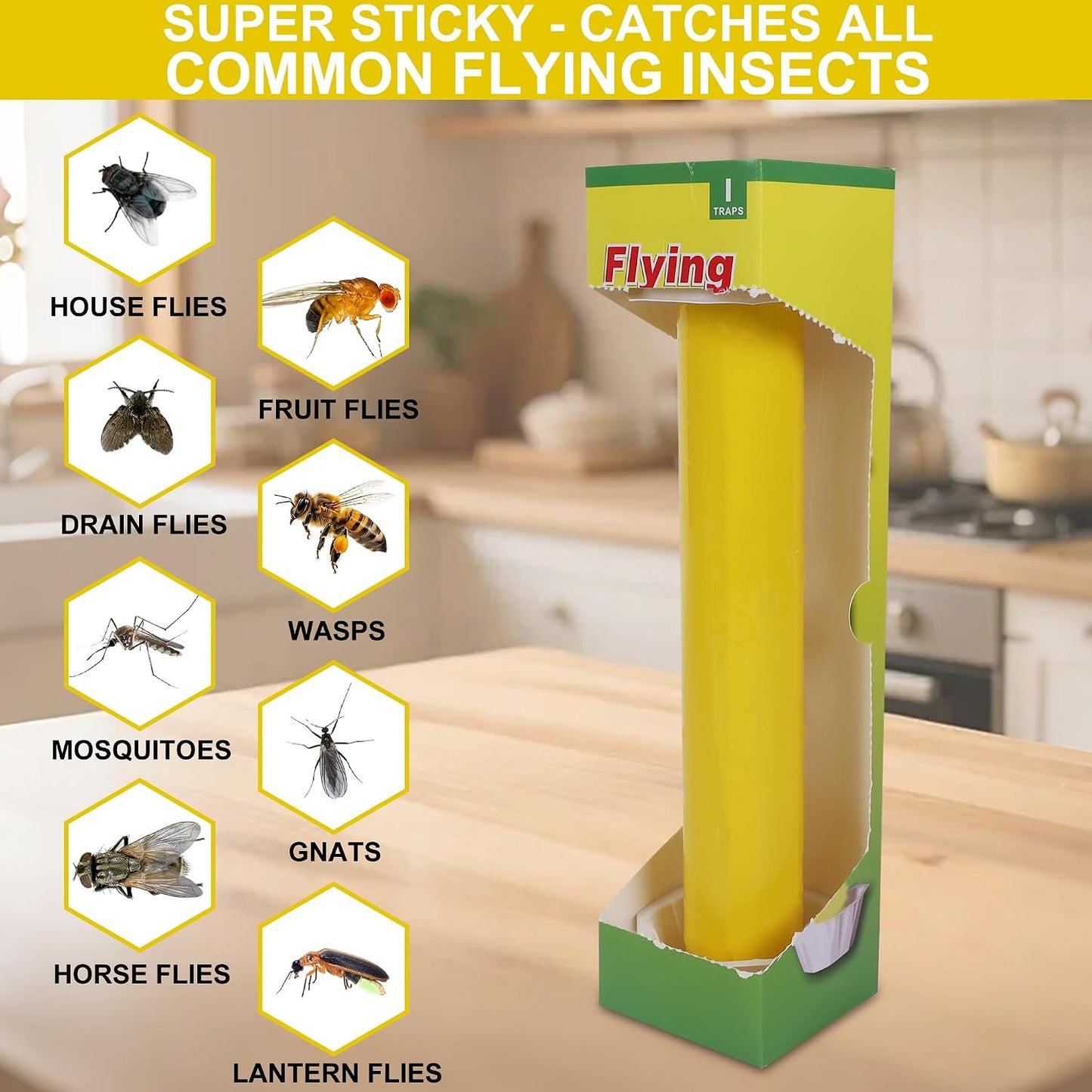 Fly Stick Sticky Fly Traps for Indoors Outdoor 12pk, Sticky Hanging Fly Stick, Flying Insect Trap, wasp Trap（Fluorescent Strip Yellow）