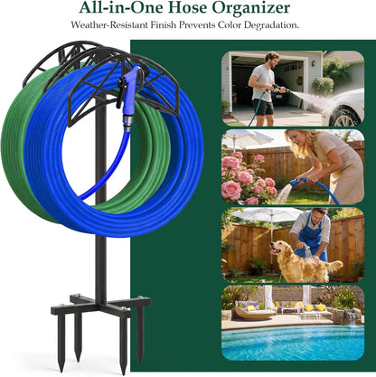 WellSign Garden Water Hose Holder Freestanding or Wall Mount, Metal Heavy Duty Hose Hanger Storage Stand Holds 2 Pcs 160Ft Hose for Outside Yard Lawn Farm with 90° Rotatable Hook for Storing Faucets