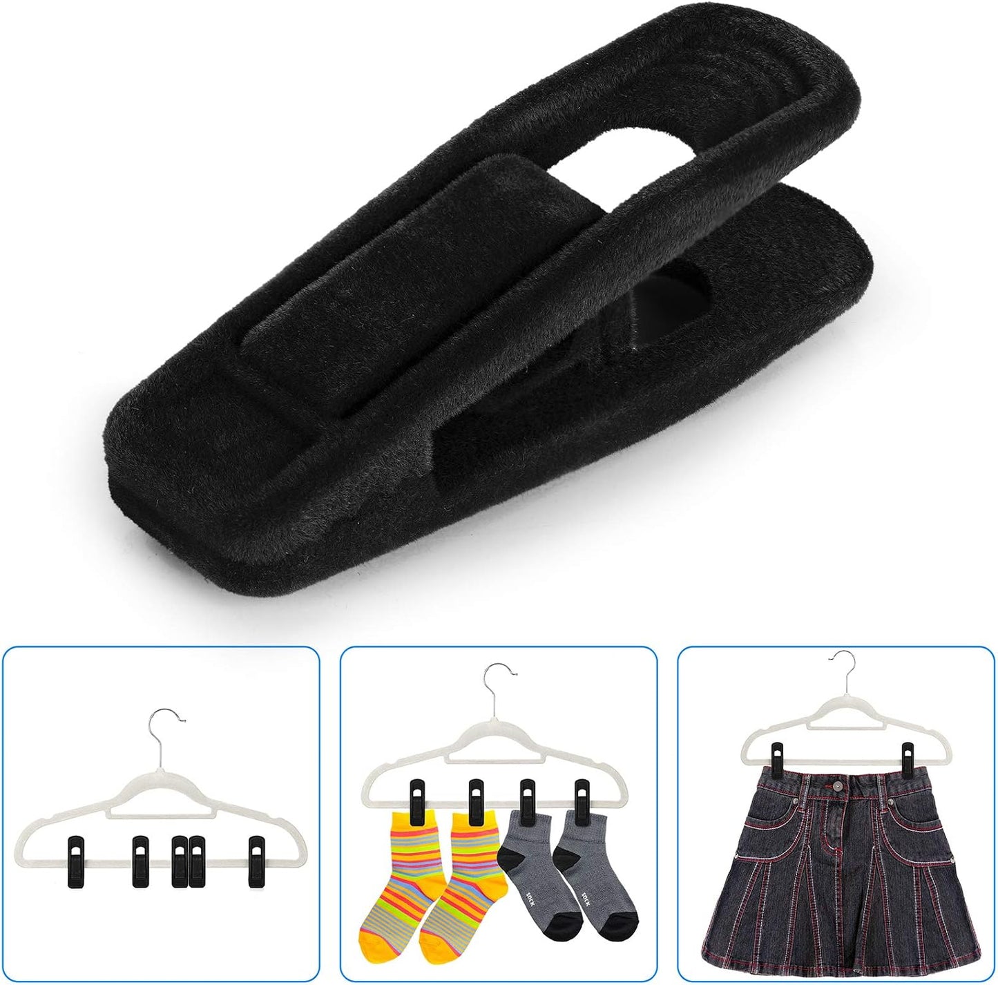 Tinfol Velvet Hanger Clips, 24 Pack Black Pants Hangers Clips, Large Opening Clothes Pin, Strong Finger Flocked Clip Perfect for Use with Slim-line Clothes Velvet Hanger