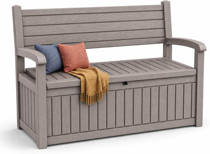 EasyUp 100 Gallon Outdoor Storage Bench, Waterproof Resin Deck Box with Lockable Lid Indoor Outdoor Storage Cushions Furniture Tools for Patio,Garden,and Porch (Beige)