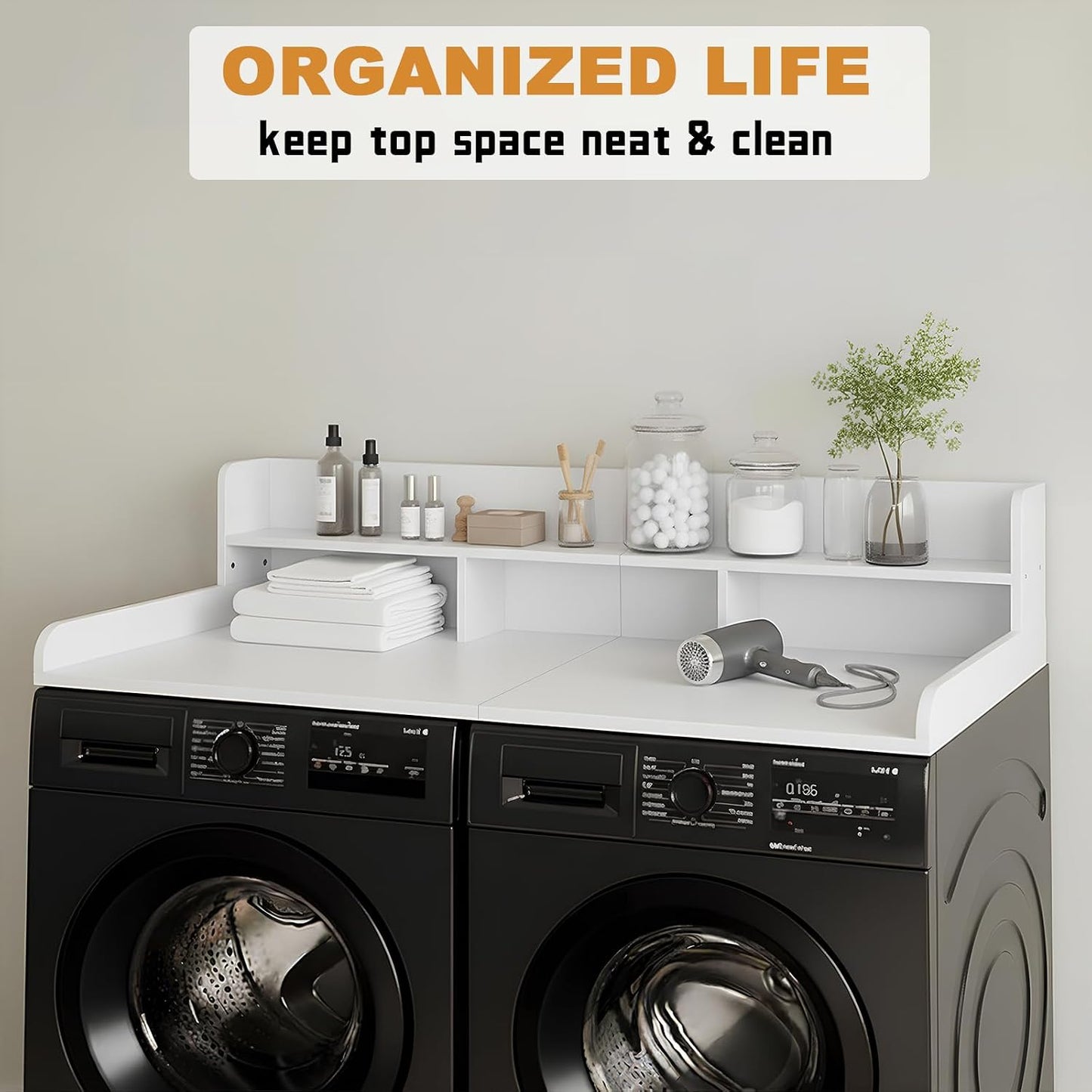 Washer Dryer Countertop with Shelf, 2-Tier Laundry Countertop Over Washer and Dryer, 54" x 27.55" Wooden Table for Folding Clothes for Laundry Room Organization and Storage (Black)