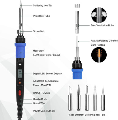 Soldering Iron Kit, 80W 110V LCD Digital Solder Iron Pen with Ceramic Heater, Portable Welding Tools with 5pcs Tips, Stand, Solders Wire, Sponge, Paste, for Metal,Electric Repairs, DIY