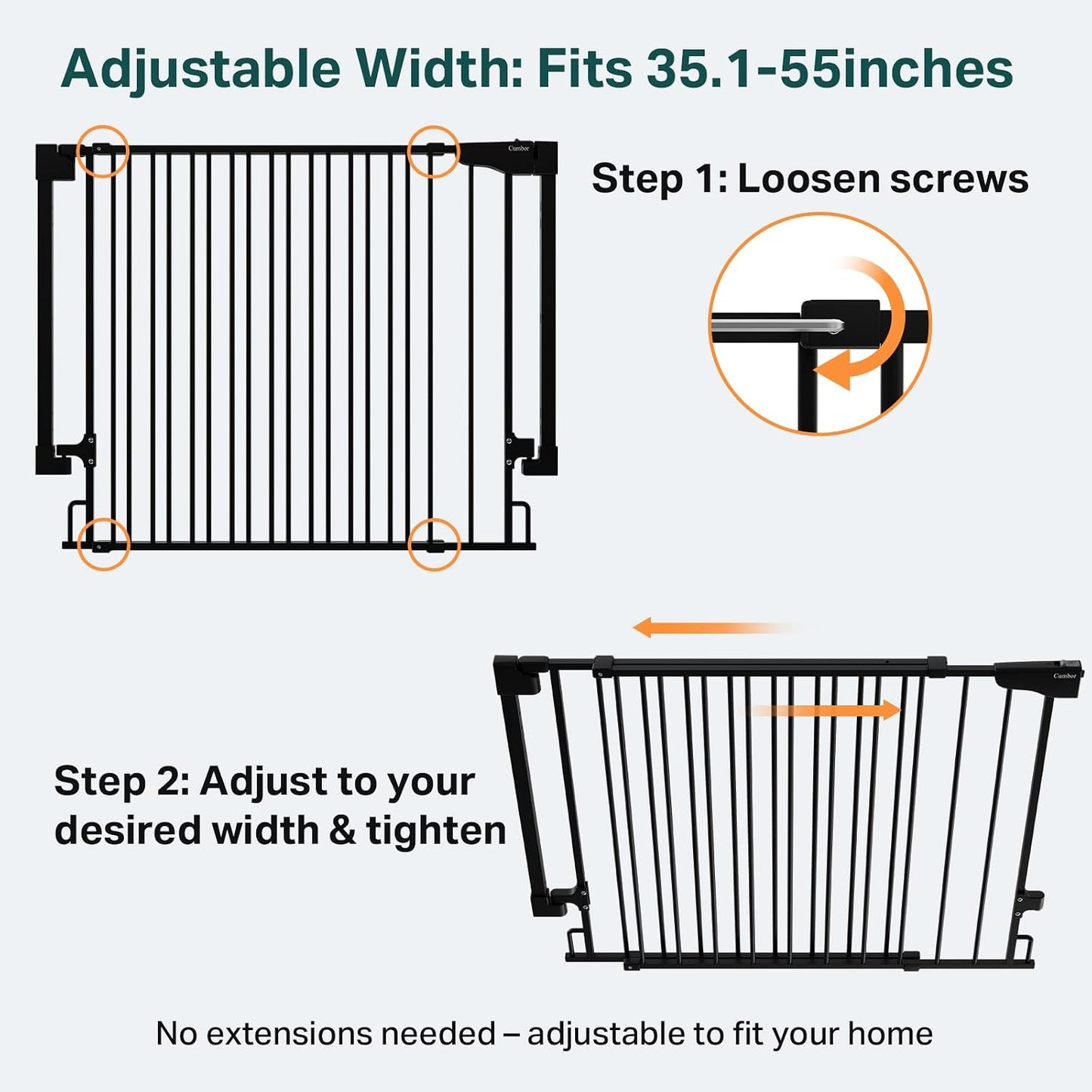 Cumbor 29.2–43" Baby Gate for Stairs, Hardware Mounted (Drill Required), Expandable No Bottom Bar Dog Gate, Auto Close Extra Wide Walk Thru, Pet & Toddler Proof Gate, Top & Bottom of Stairways (White)