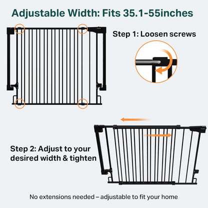Cumbor 29.2–43" Baby Gate for Stairs, Hardware Mounted (Drill Required), Expandable No Bottom Bar Dog Gate, Auto Close Extra Wide Walk Thru, Pet & Toddler Proof Gate, Top & Bottom of Stairways (White)