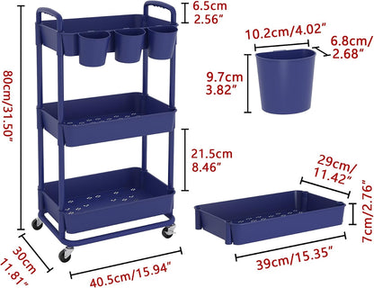 JIUYOTREE 4-Tier Plastic Rolling Storage Cart Utility Cart with Extra Hanging Cups Handles Lockable Wheels for Living Room Bathroom Kitchen Office White