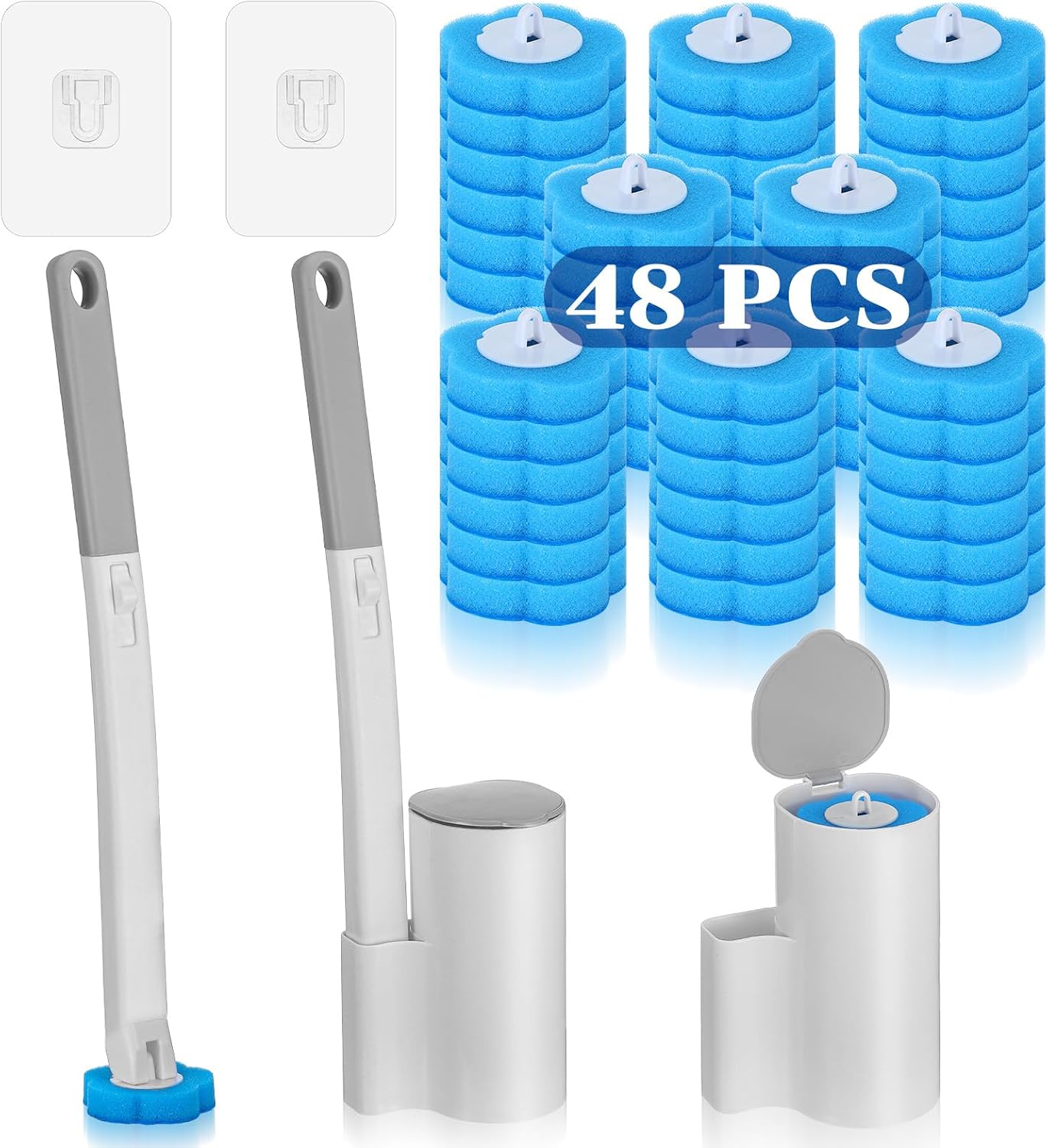 2 Pack Disposable Toilet Brush and Holder Set, Extended Handle Toilet Bowl Cleaner Wand with 48 Refills Replacement Heads Pads Bathroom Maintenance Bathtub Stick Cleaning System Starter Kit