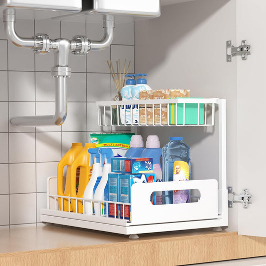 Sturdy Metal Under Sink Organizer 2 Tier, Pull Out Drawer Slides Under Sink Storage for Bathroom Kitchen, Multi-Purpose Iron Under Cabinet Organizer for Cleaning Supplies (Black, 2 Pack)