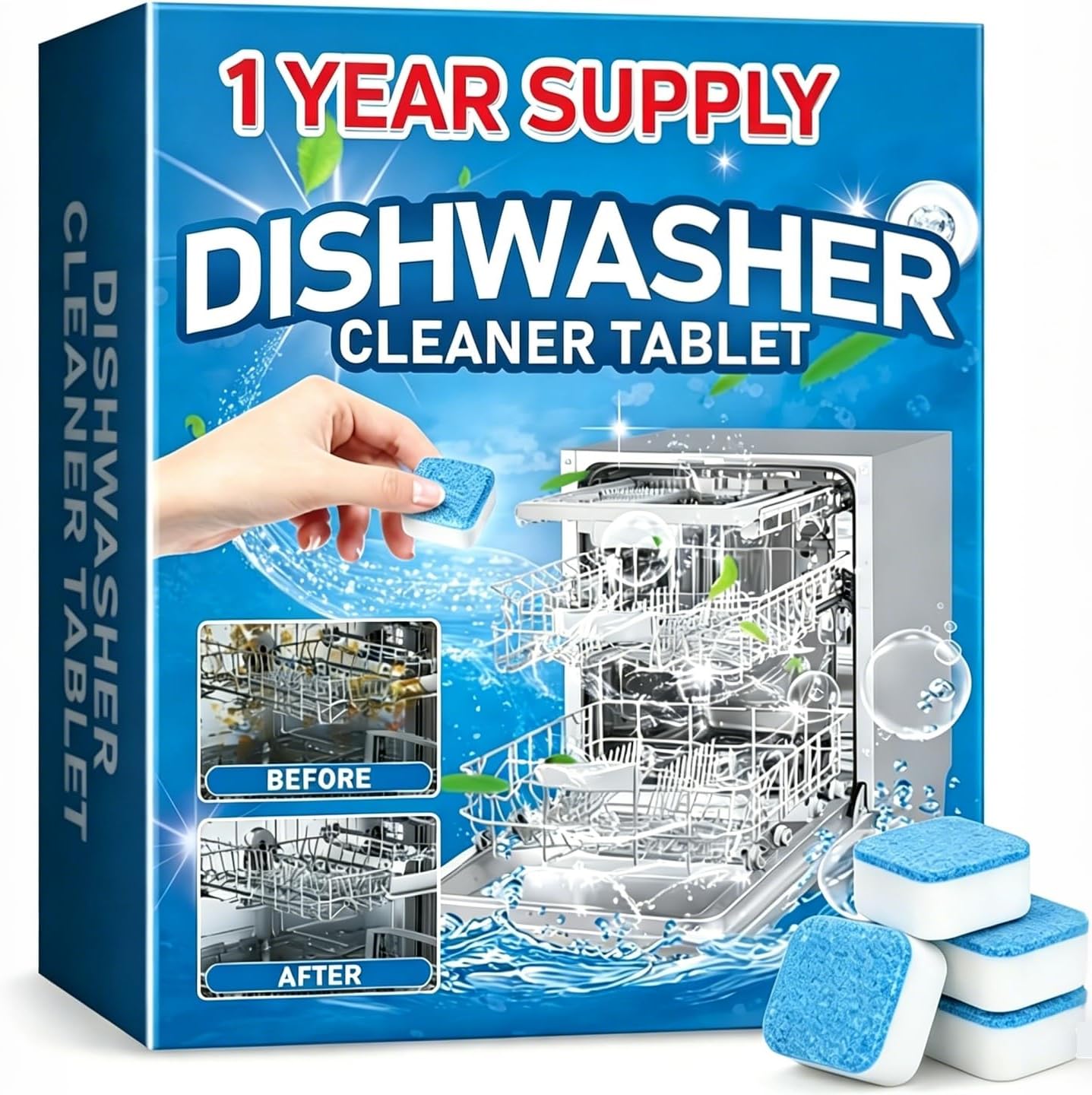 Heavy Duty Dishwasher Cleaner & Deodorizer Tablets, Descaler, Deep Cleaning, Natural Odor & Smell Remover, Calcium, Limescale, Hard Water Marks, Grease, Septic Safe Pods (12 Tabs 1 Yr Supply)
