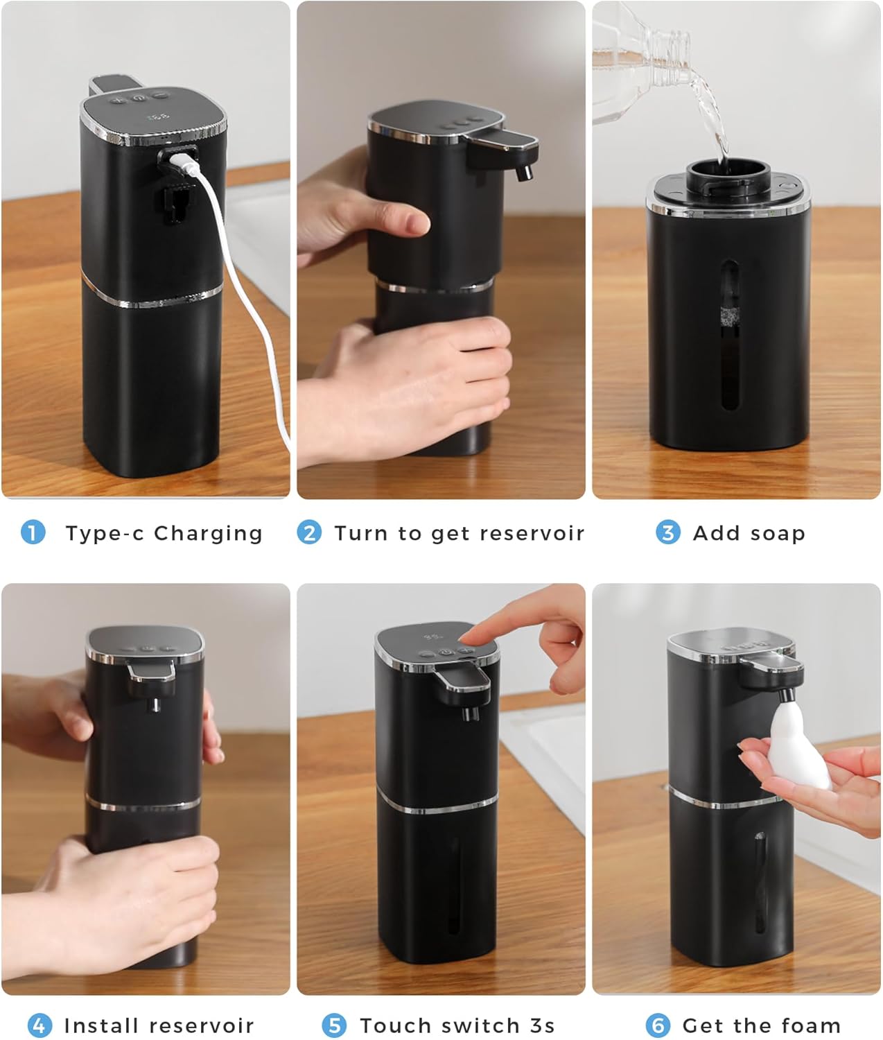 2 Pack Automatic Foaming Soap Dispenser, 13.5oz/400mL, USB Rechargeable,9- Adjustable Foam Levels, IPX5 Waterproof, Touchless & Wall/Tabletop Use for Kitchen Bathroom, Black