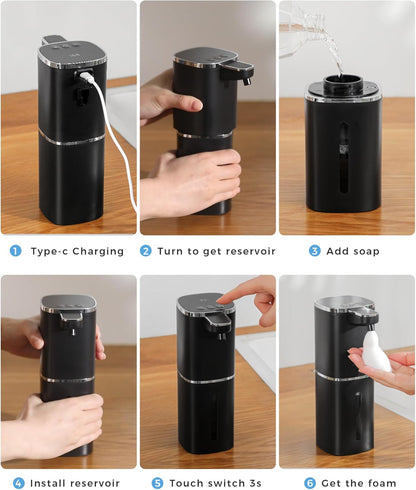 Automatic Foaming Soap Dispenser Touchless, USB Rechargeable Smart Hand Soap Dispenser, 9-Level Adjustable, 13.5oz/400mL,IPX5 Waterproof, Wall/Tabletop Kitchen Bathroom, Black