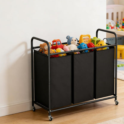 LINZINAR 3-Bag Laundry Hamper, Black Laundry Basket, 35.6 Gal(135 L) Laundry Sorter Cart Laundry Room Organization with Heavy Duty Rolling Lockable Wheels and Removable Bags