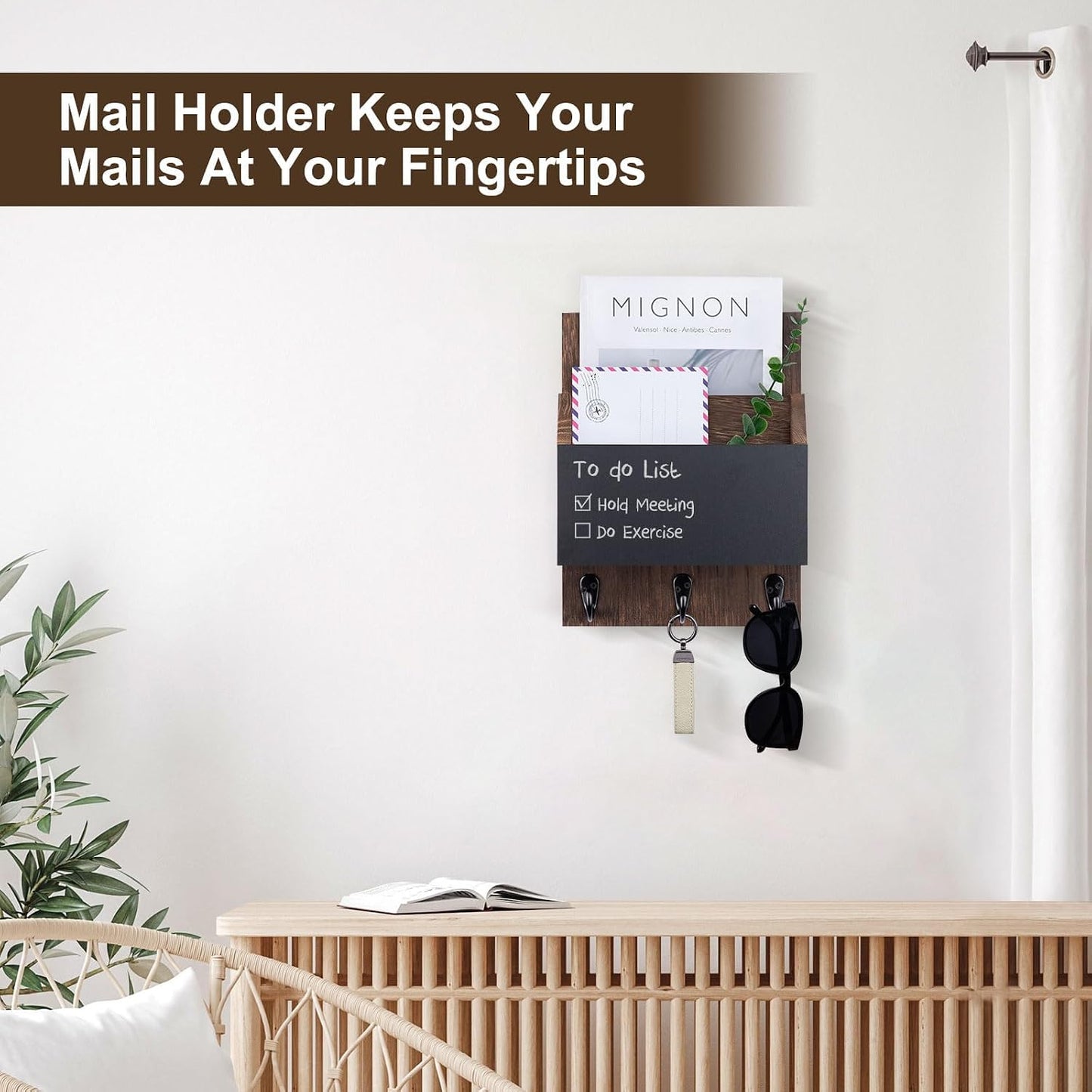 Key and Mail Holder for Wall Mount, Entryway Mail Holder with 2 Slot, Key Holder with 3 Sturdy Hooks for Coat, Dog Leash, Decorative Key Rack (8.86”W x 11.42”H x 3”D) (Black)