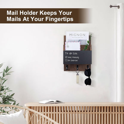 Key and Mail Holder for Wall Mount, Entryway Mail Holder with 2 Slot, Key Holder with 3 Sturdy Hooks for Coat, Dog Leash, Decorative Key Rack (8.86”W x 11.42”H x 3”D) (Black)